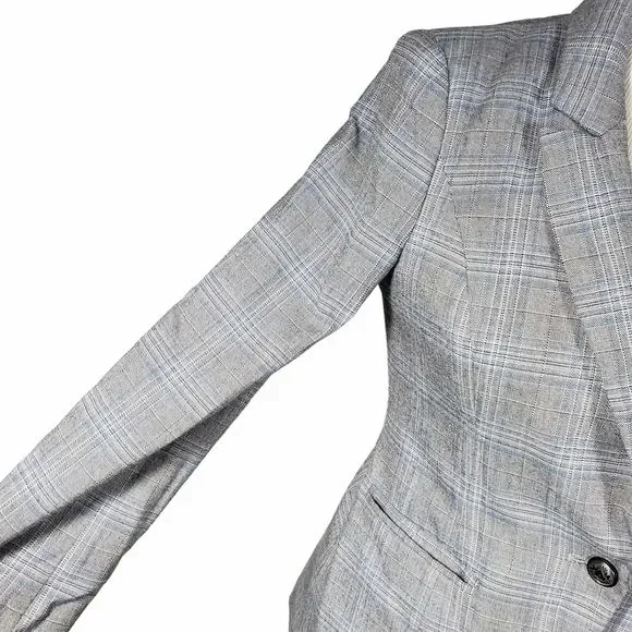 White House Black Market whbm Petite size 4P Gray Blue Plaid Blazer AS IS - Picture 2 of 11